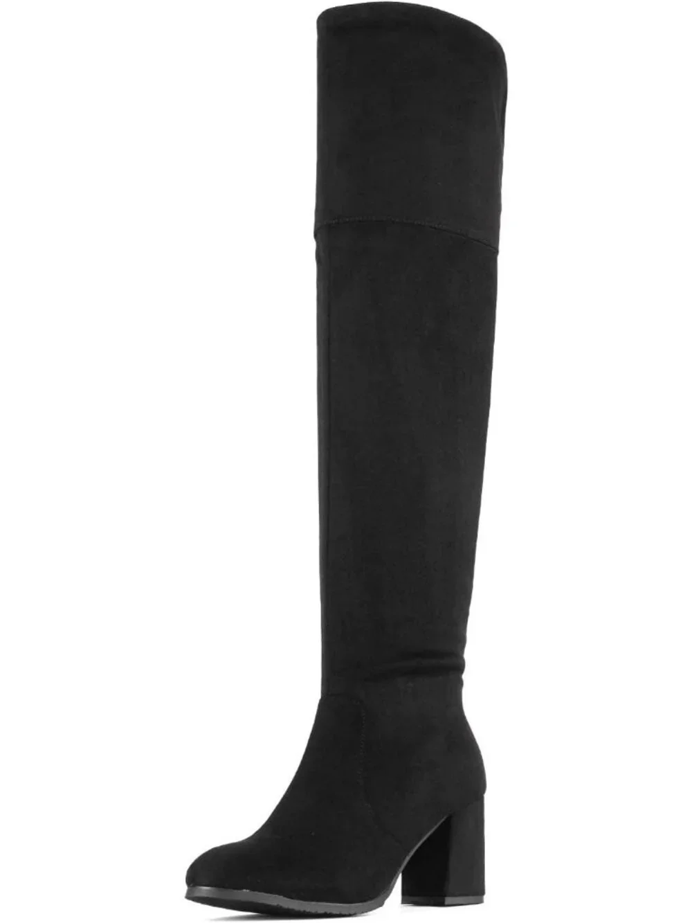 Women's Black Round Toe Side Zipper Chunky Heel Over The Knee Thigh High Boots